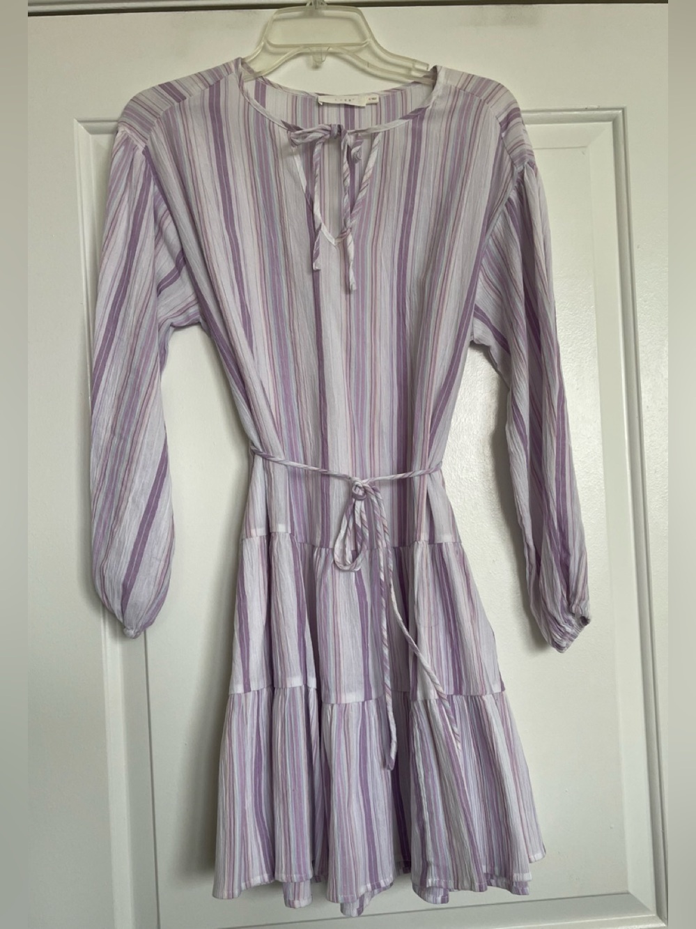 Lush Lavender & White Striped Tie-Waist Long Sleeve Dress